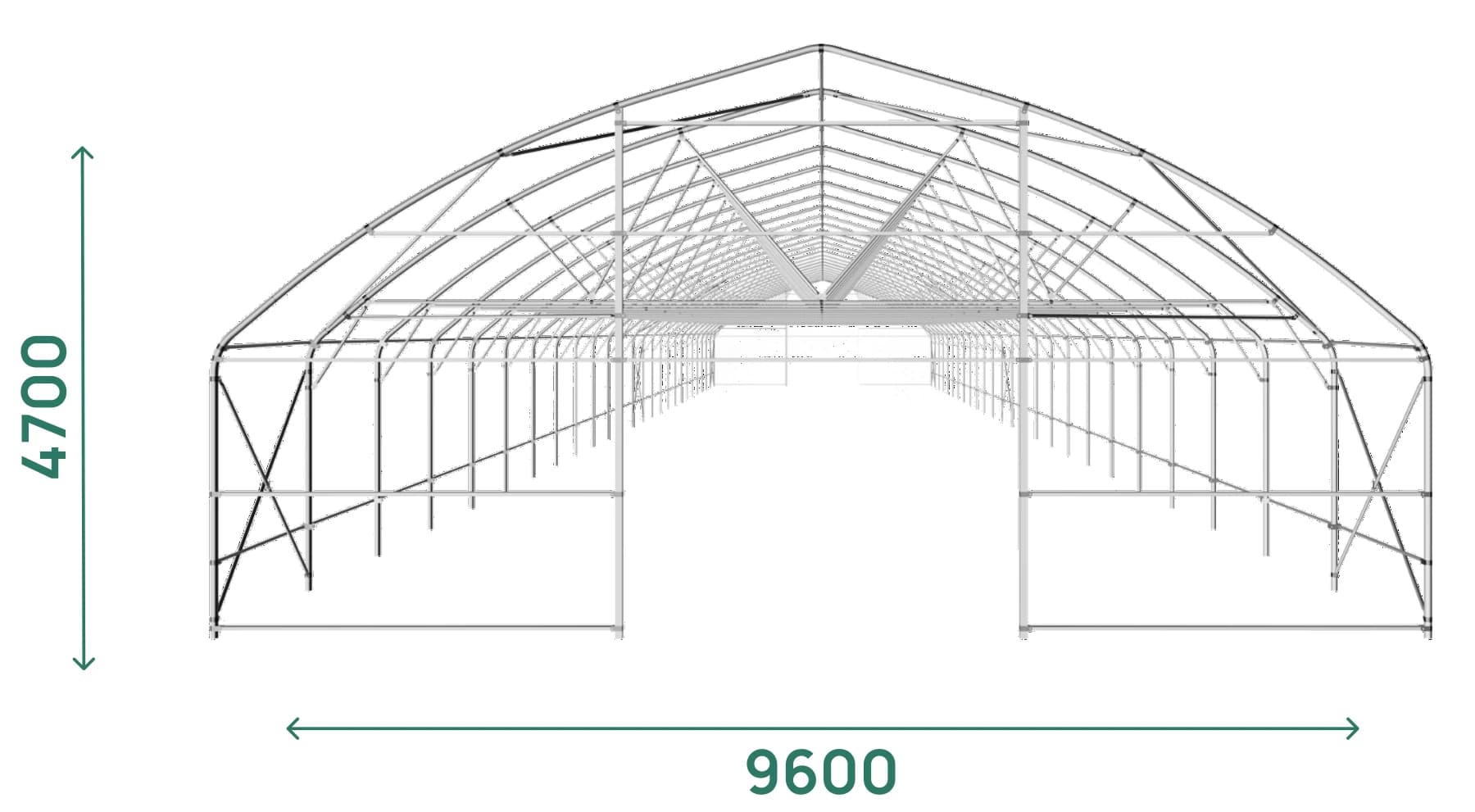 Каркас: пролёт 9 600 мм, высота 4 700 мм